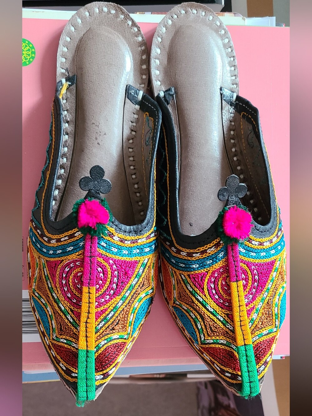 Ethnic Embroidered Multicolor Women’s Slippers with Pom Detail